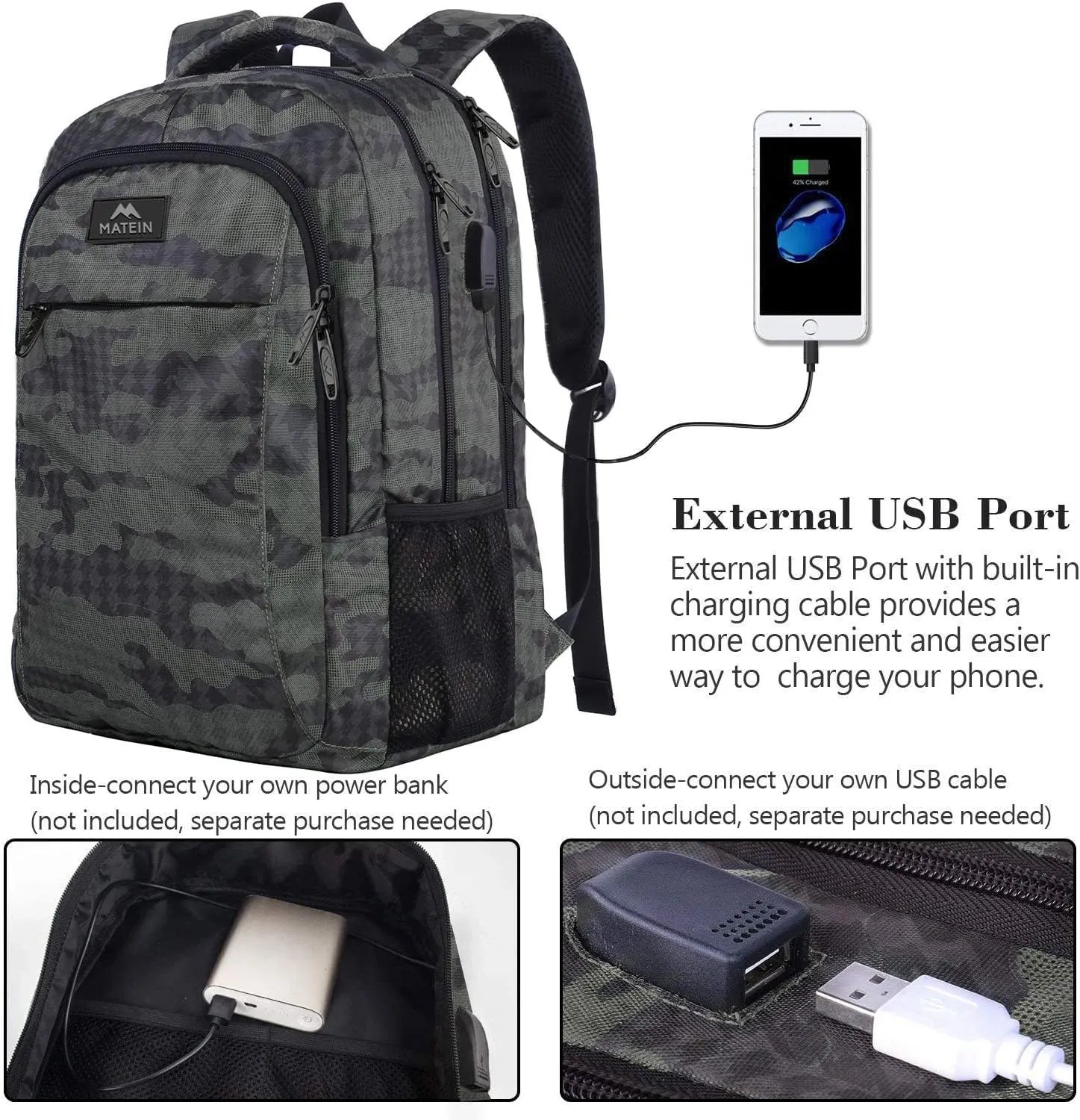 MATEIN Travel Backpack with USB, Sturdy College School Backpack for 15.6 Inch Laptop with Anti Theft Pocket for Women & Men, Slim Lightweight Laptop Bag Computer Bookbag Daypack for Adult Teens Gift