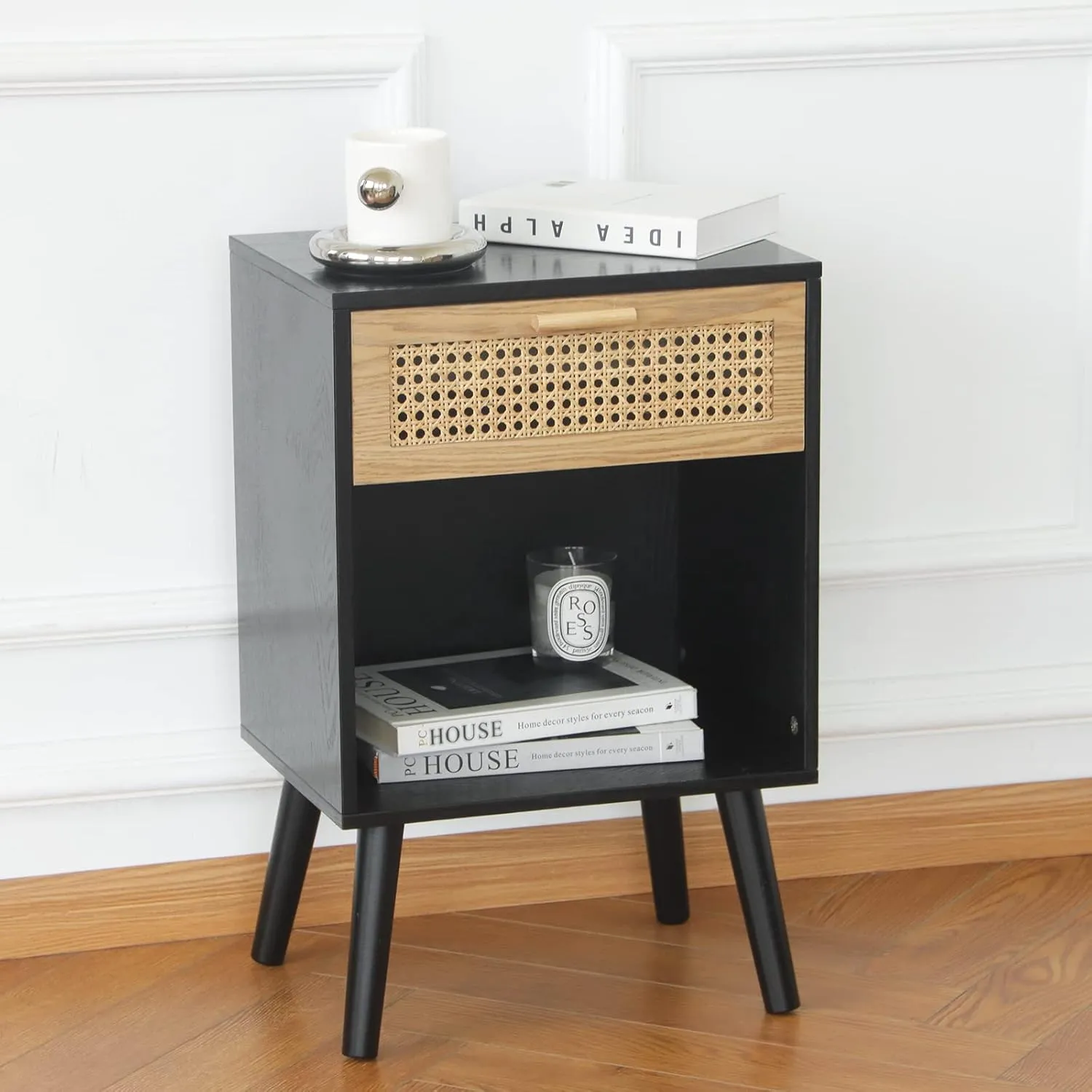 MaxSmeo Mid Century Modern Nightstand, Rattan Side Table with Drawer for Bedside, Living Room, Bedroom and Small Spaces, Black