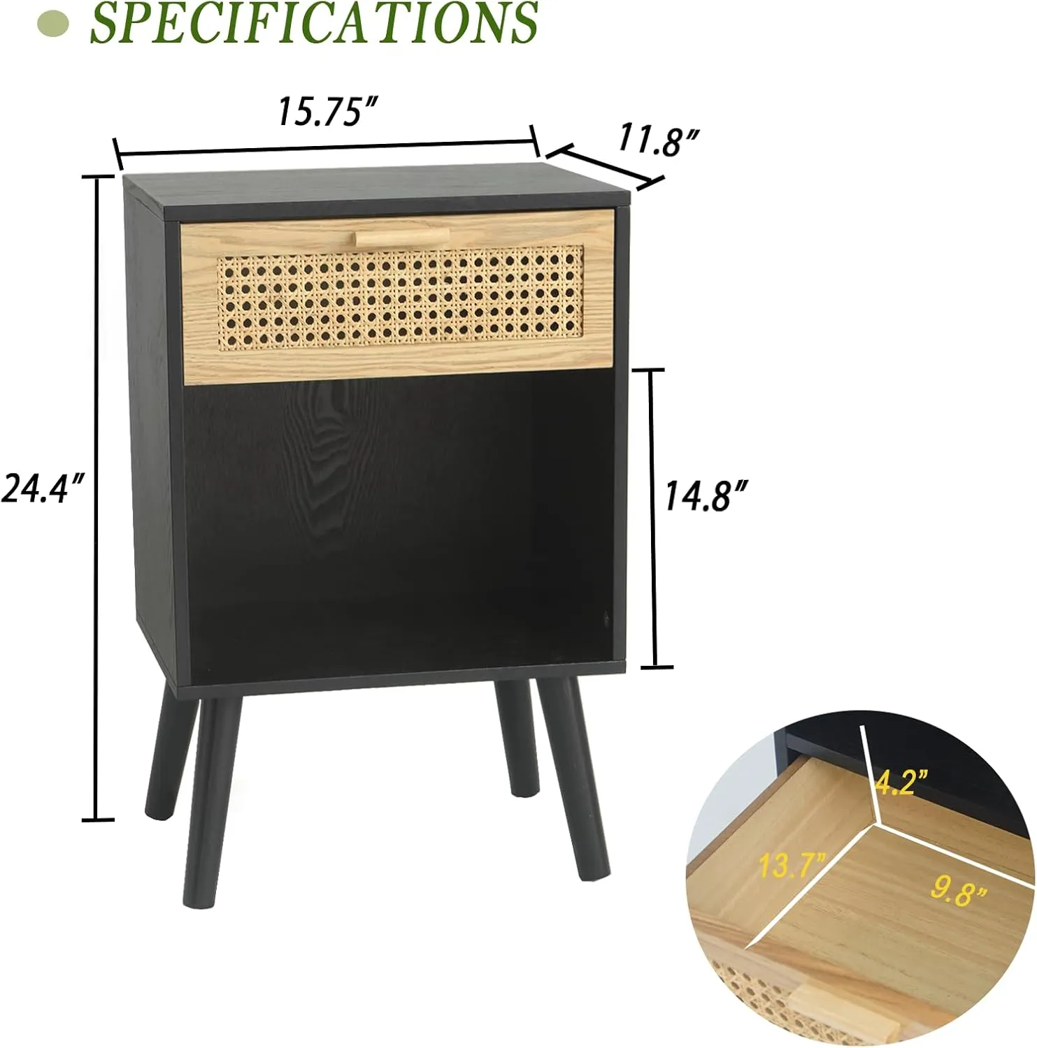 MaxSmeo Mid Century Modern Nightstand, Rattan Side Table with Drawer for Bedside, Living Room, Bedroom and Small Spaces, Black