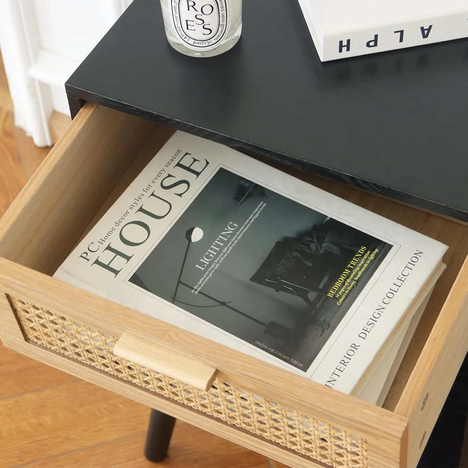 MaxSmeo Mid Century Modern Nightstand, Rattan Side Table with Drawer for Bedside, Living Room, Bedroom and Small Spaces, Black