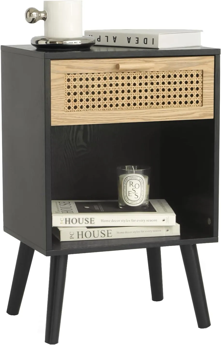 MaxSmeo Mid Century Modern Nightstand, Rattan Side Table with Drawer for Bedside, Living Room, Bedroom and Small Spaces, Black