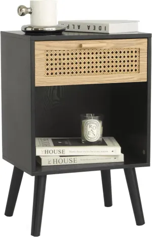 MaxSmeo Mid Century Modern Nightstand, Rattan Side Table with Drawer for Bedside, Living Room, Bedroom and Small Spaces, Black
