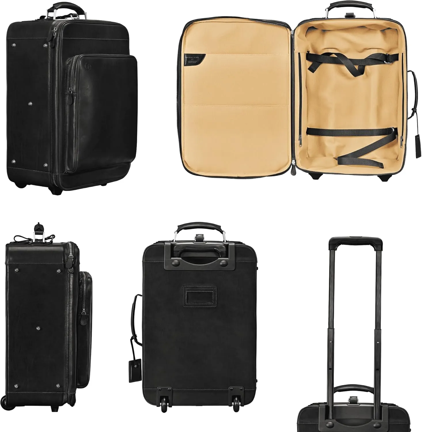 Maxwell Scott - Luxury Full Grain Leather Wheeled Rolling Trolley Case Luggage for Luxury Travelling - The Piazzale Black