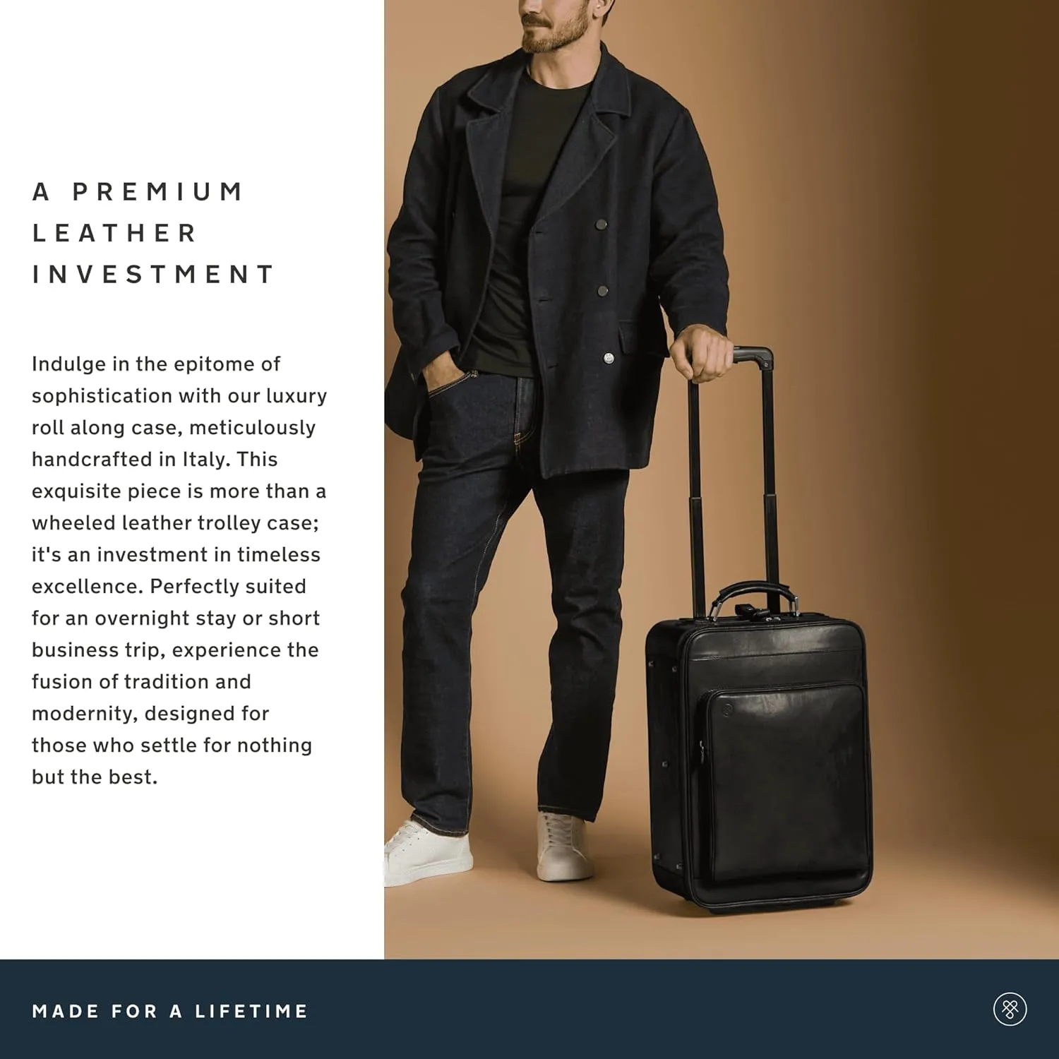 Maxwell Scott - Luxury Full Grain Leather Wheeled Rolling Trolley Case Luggage for Luxury Travelling - The Piazzale Black