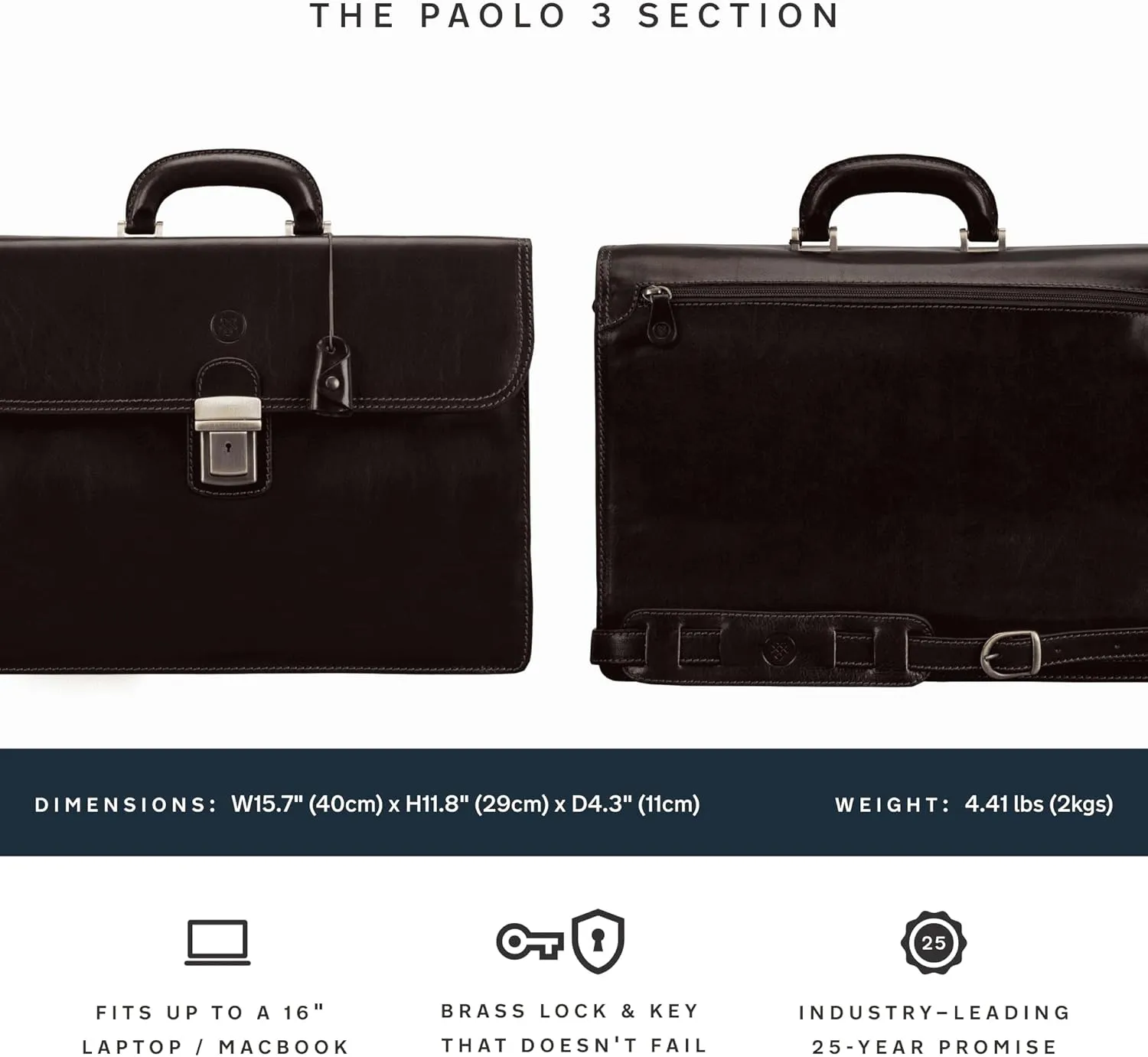Maxwell Scott - Mens Luxury Full Grain Leather Classic Work Briefcase with Shoulder Strap - 3 Section - The Paolo3