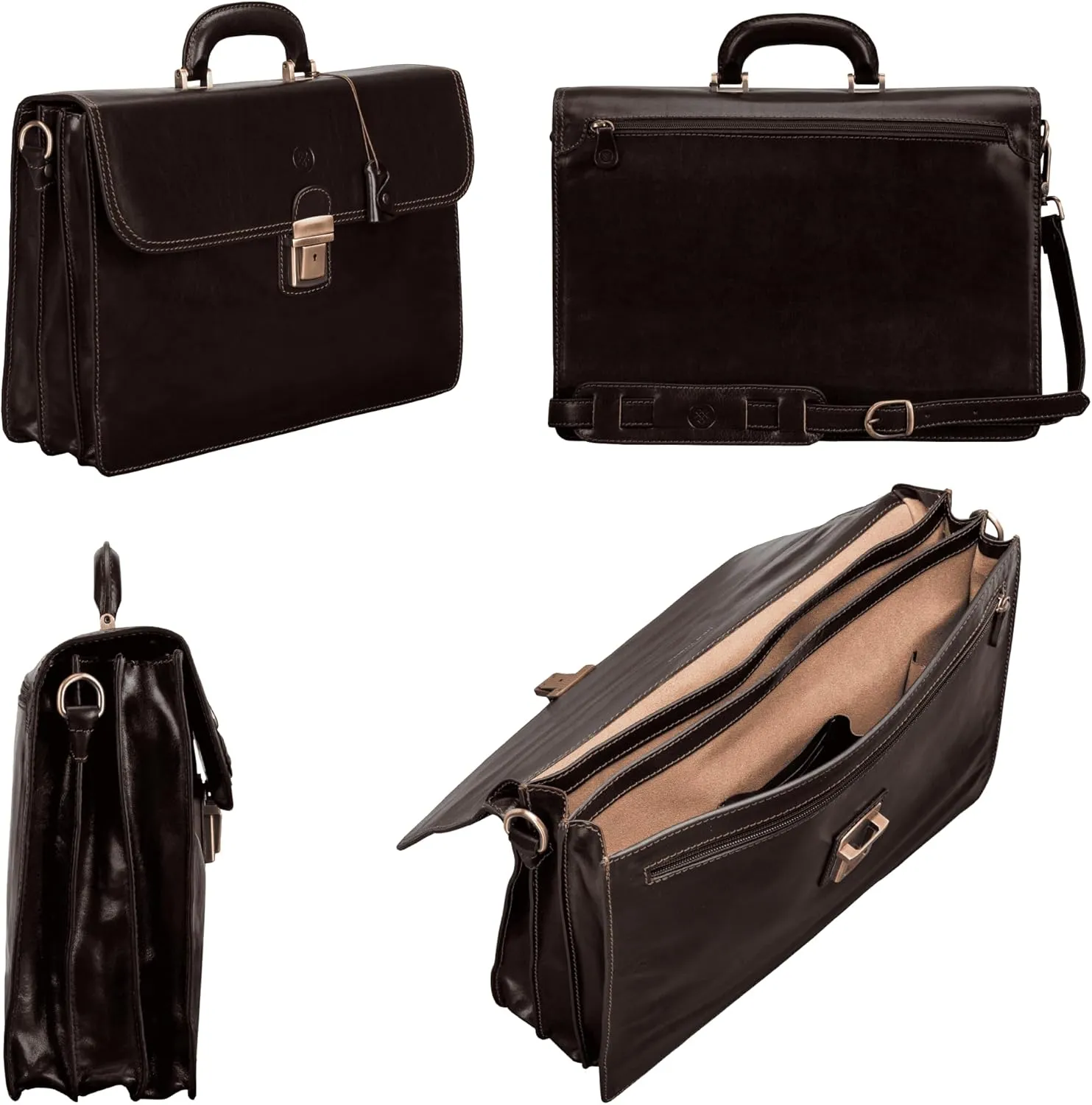 Maxwell Scott - Mens Luxury Full Grain Leather Classic Work Briefcase with Shoulder Strap - 3 Section - The Paolo3