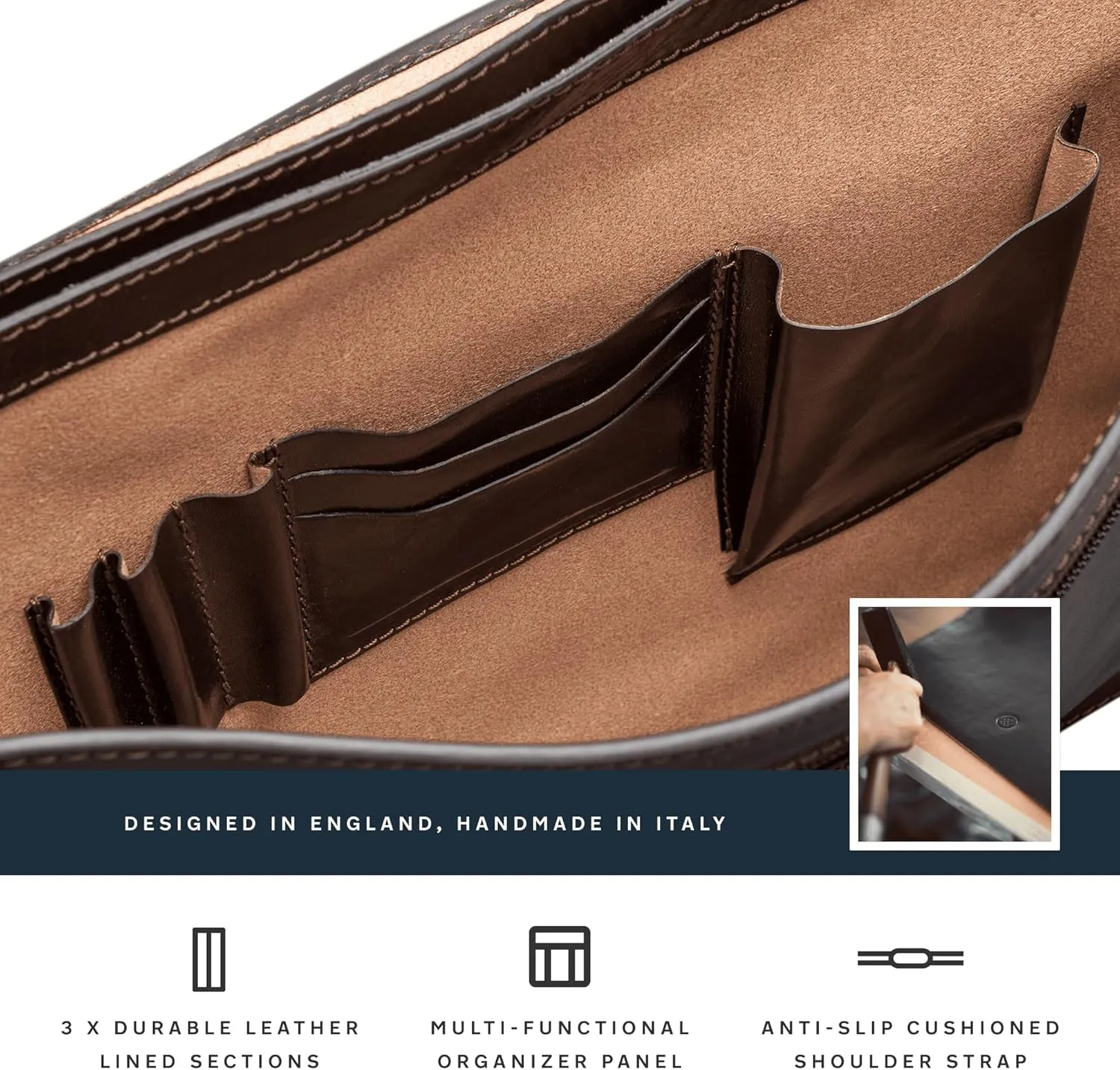 Maxwell Scott - Mens Luxury Full Grain Leather Classic Work Briefcase with Shoulder Strap - 3 Section - The Paolo3