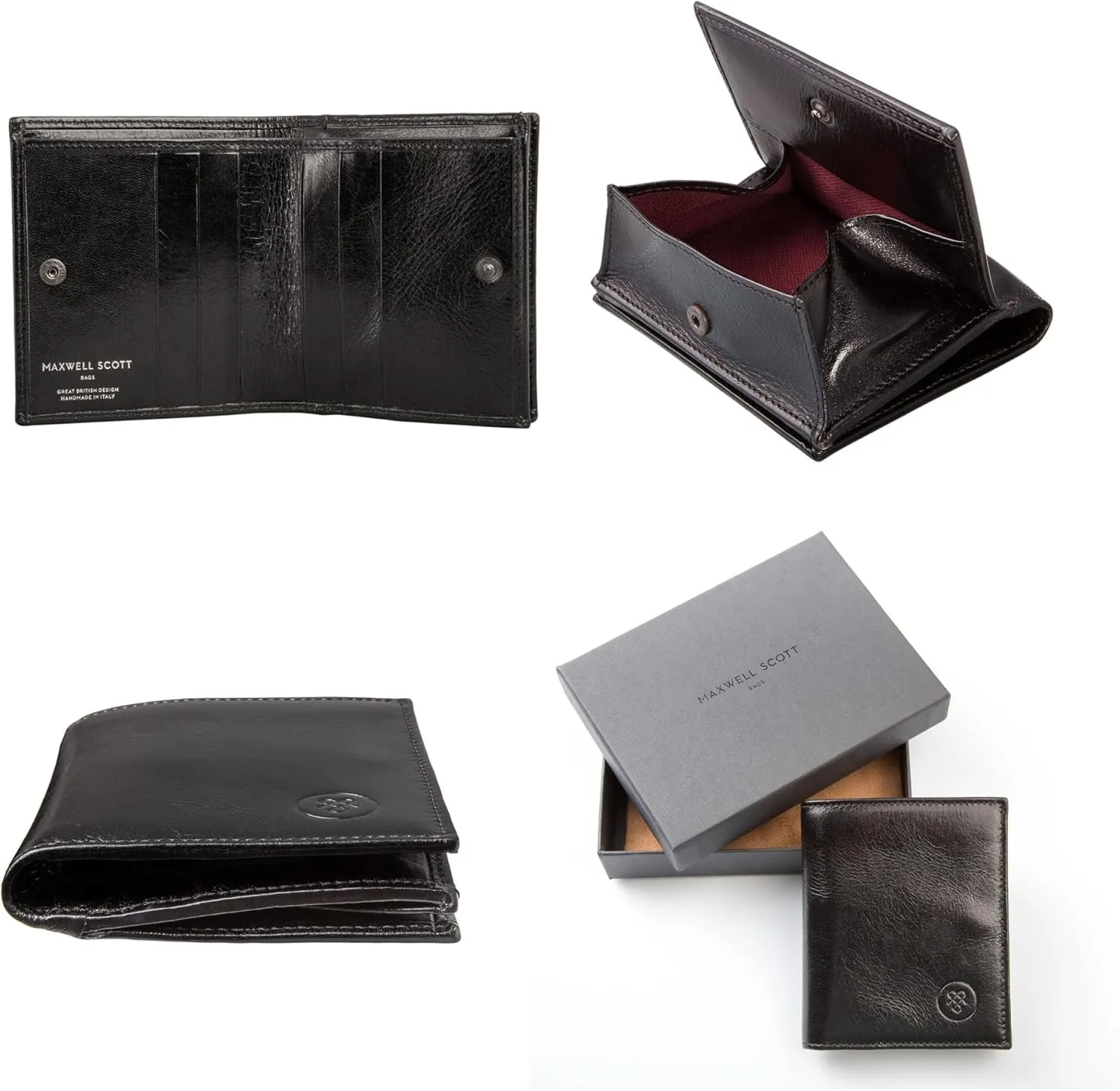 Maxwell Scott - Mens Luxury Italian Leather Bifold Card Wallet with Coin Pocket Pouch - Handmade in Italy - The Rocca Black