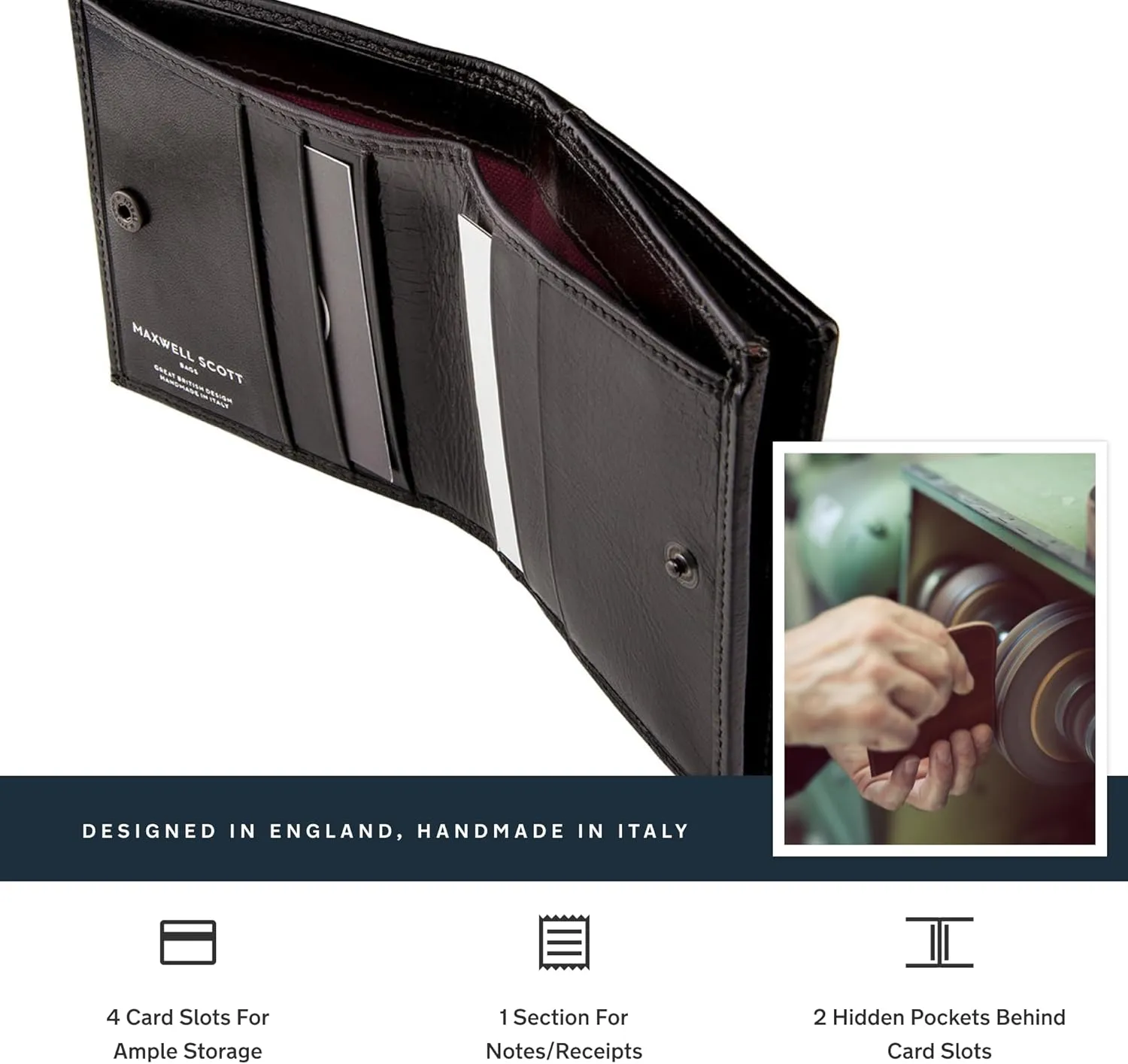 Maxwell Scott - Mens Luxury Italian Leather Bifold Card Wallet with Coin Pocket Pouch - Handmade in Italy - The Rocca Black