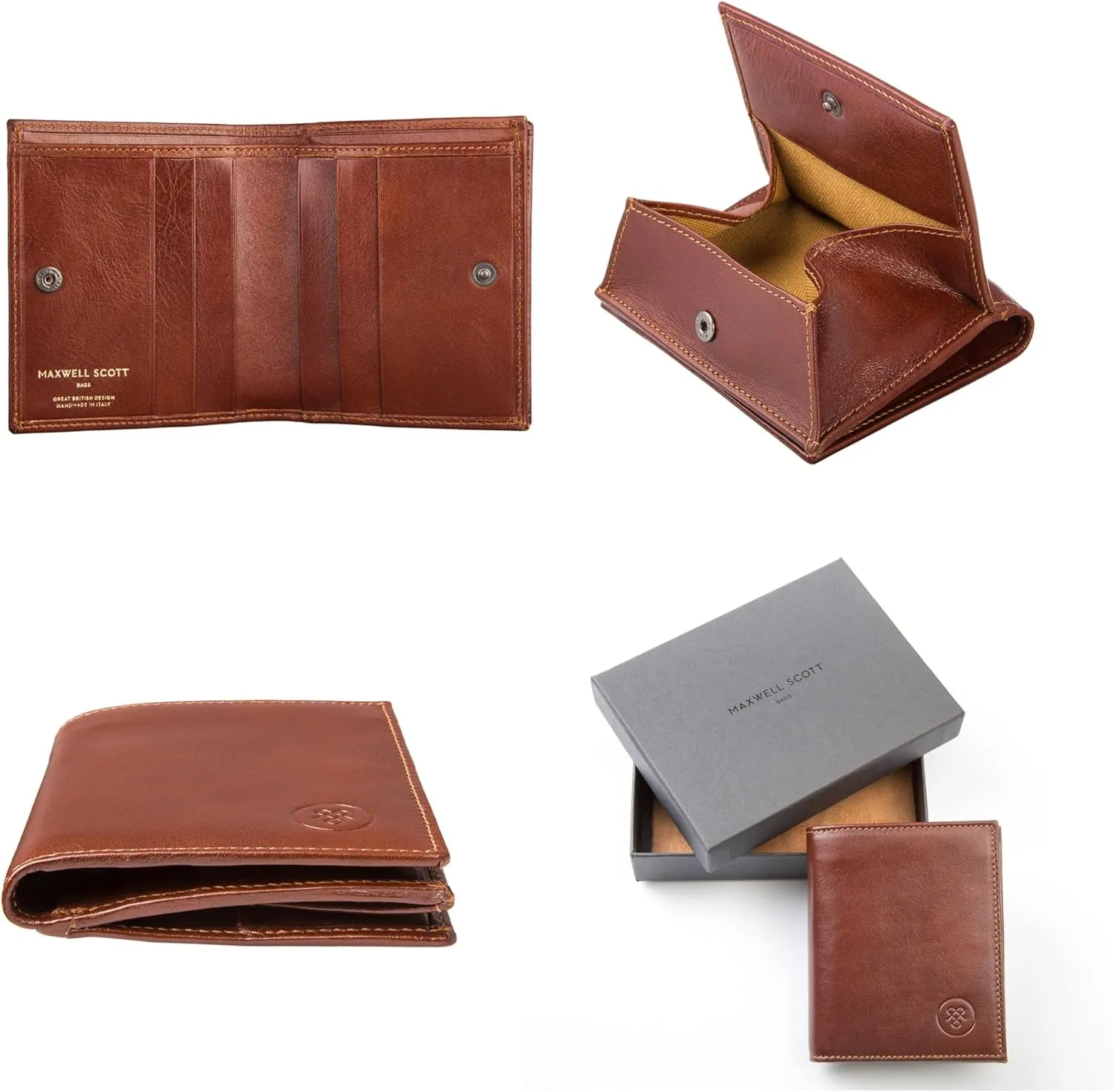Maxwell Scott - Mens Luxury Leather Bifold Card Wallet with Coin Pocket Pouch - Made in Italy - The Rocca Chestnut Tan