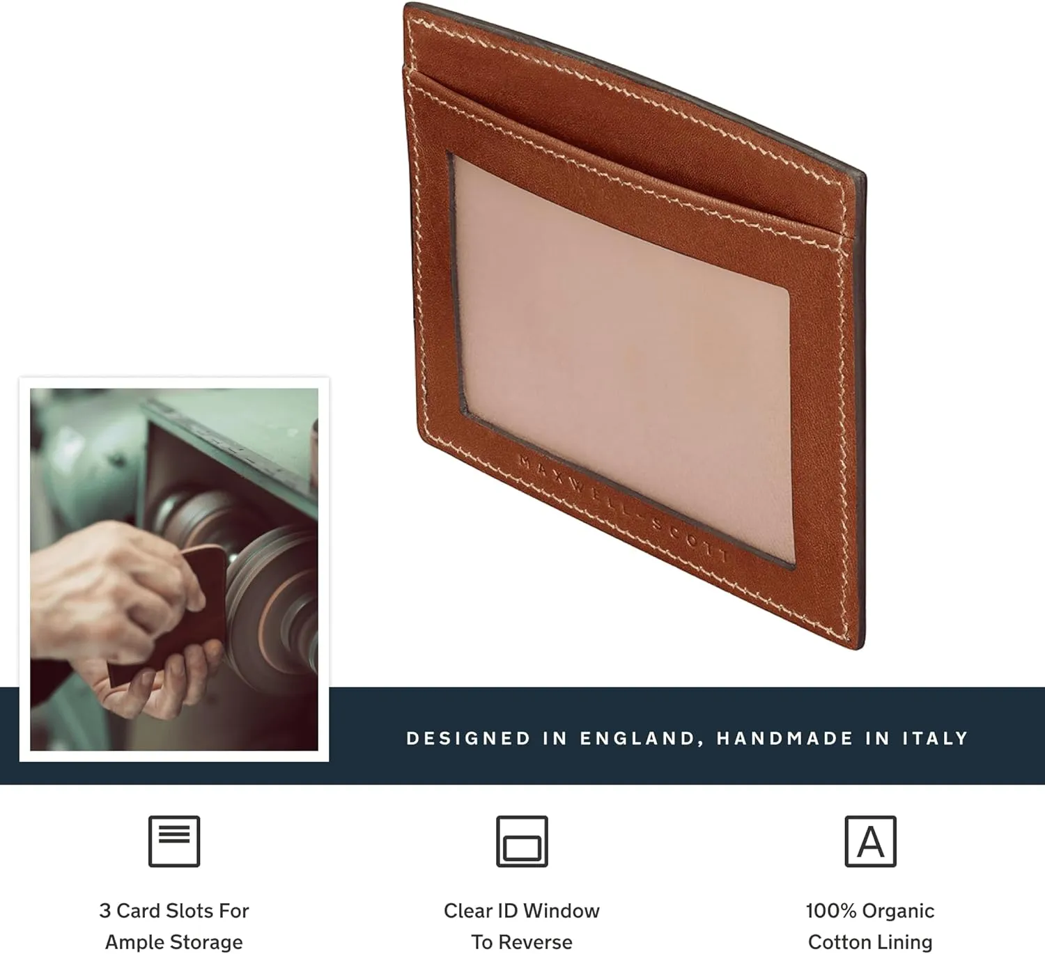 Maxwell Scott - Mens Luxury Leather Card Holder with ID Window - Handmade from Full Grain Hides - The Alba Chestnut Tan