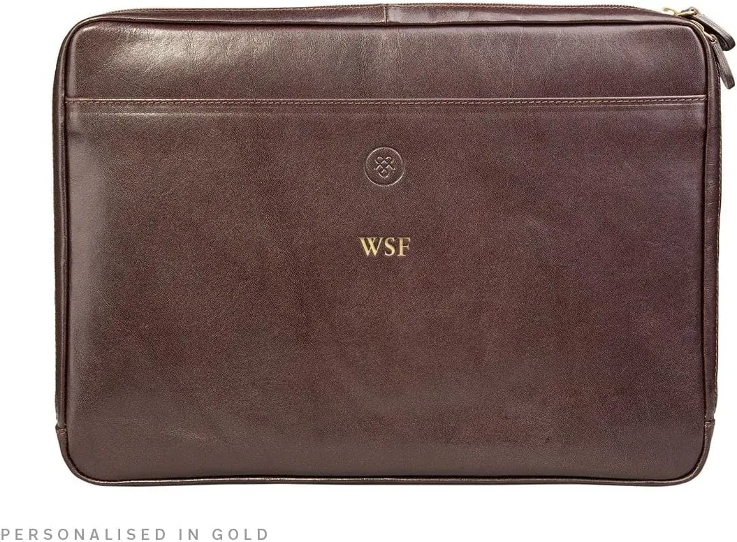 Maxwell Scott - Mens Womens Luxury Leather 14" Laptop Cover Sleeve for Computer - Handmade in Italy - The Bovino Dark Brown