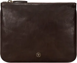 Maxwell Scott - Personalized Womens Luxury Designer Leather Flat Makeup Bag Purse - The Zeta - Dark Brown