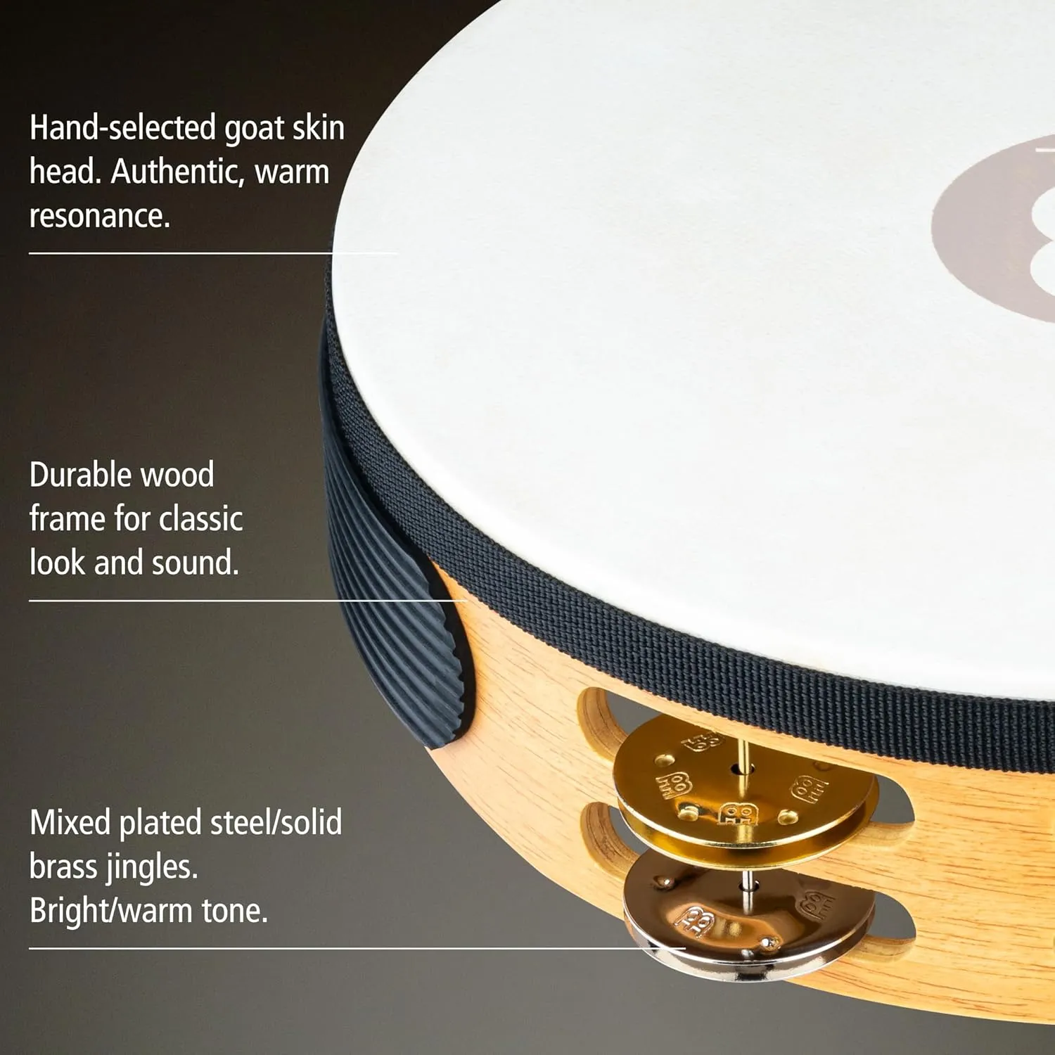 Meinl Percussion TAH2M-SNT Traditional 10-Inch Wood Tambourine with Goat Skin Head and Dual Alloy Jingles, 2 Row