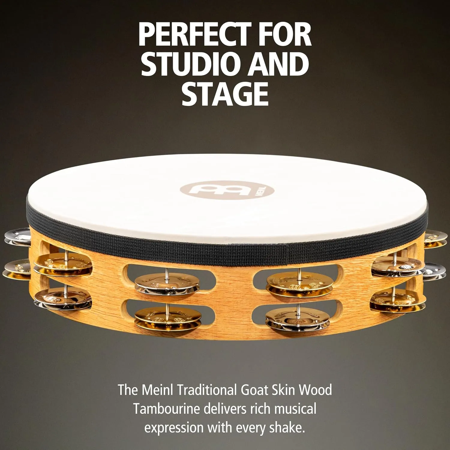 Meinl Percussion TAH2M-SNT Traditional 10-Inch Wood Tambourine with Goat Skin Head and Dual Alloy Jingles, 2 Row
