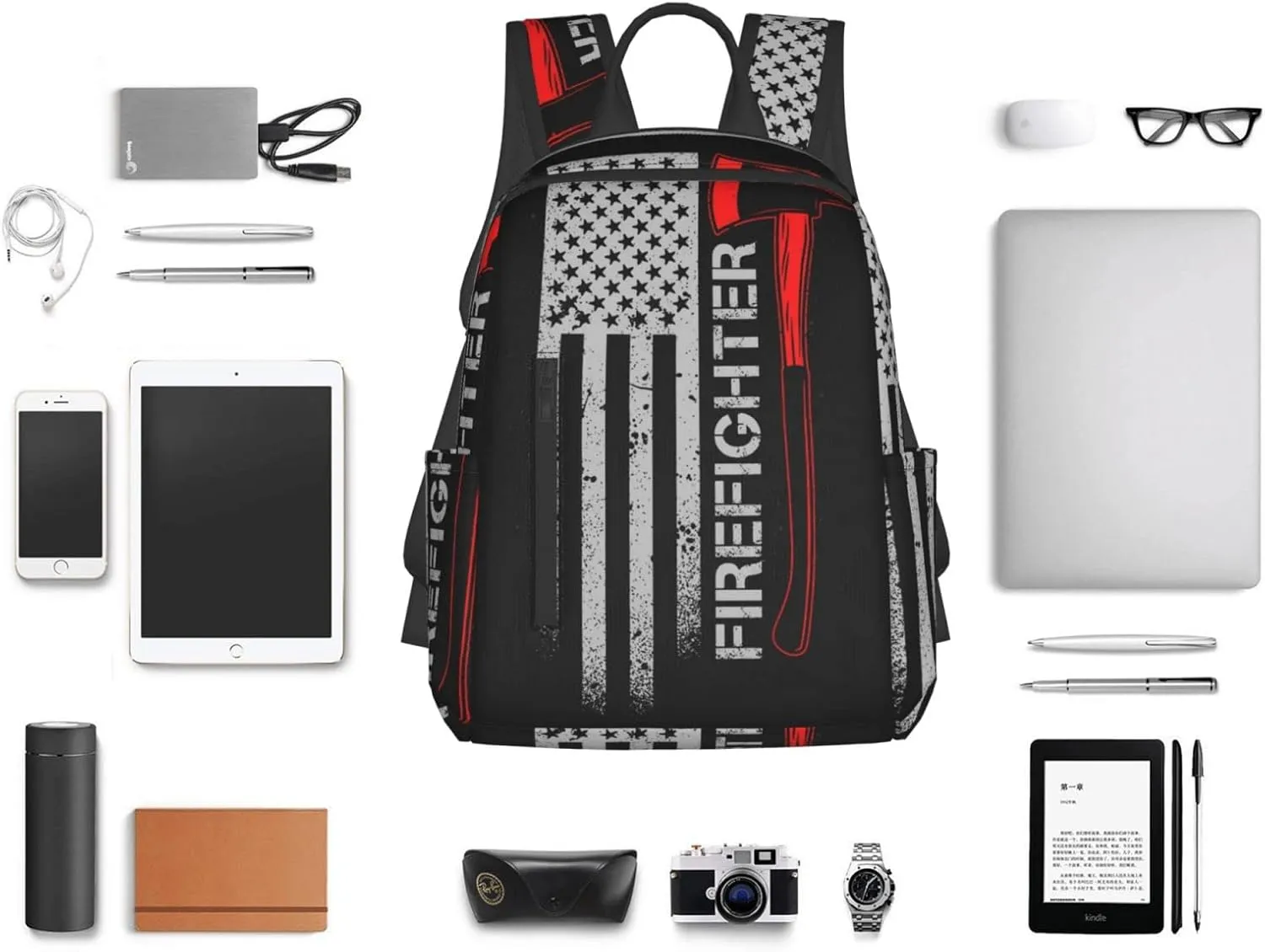 Men women college business travel anti theft laptops backpack large capacity bookbag computer bag - for American Thin Red Line Flag Firefighter Black
