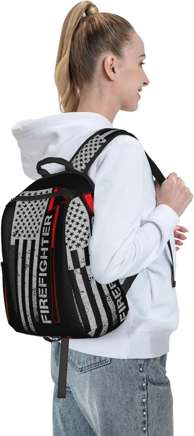 Men women college business travel anti theft laptops backpack large capacity bookbag computer bag - for American Thin Red Line Flag Firefighter Black