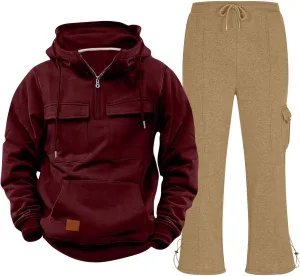 Mens 2 Piece Sweatsuits Sets Tactical Training Zipper Multi Pocket Hoodies Drawstring Long Pants Spring Fall Clothes