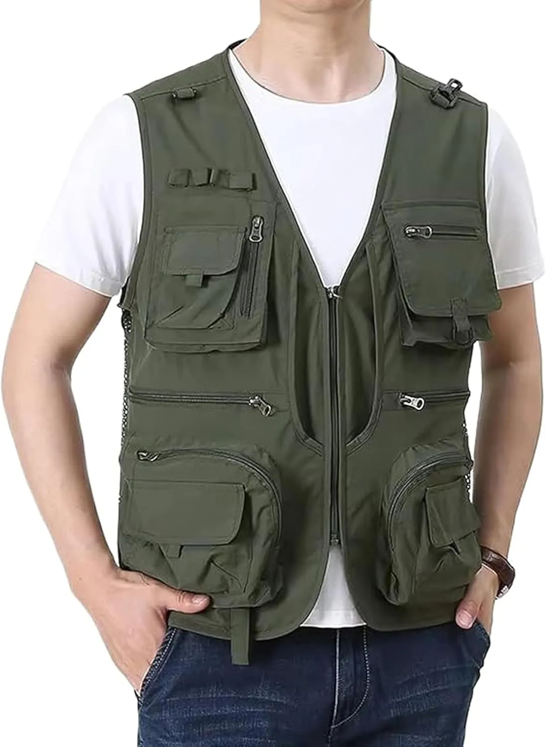 Men's Lightweight Mesh Fishing Vest Utility Outdoor Multi-Pocket Hunting Cargo Vest(0309-ArmyGreen-XXL)