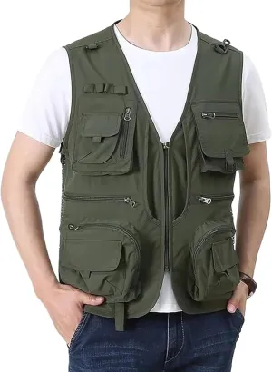 Men's Lightweight Mesh Fishing Vest Utility Outdoor Multi-Pocket Hunting Cargo Vest(0309-ArmyGreen-XXL)
