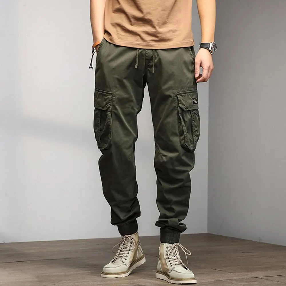 Men's Military Cargo Pants Drawstring Cotton Multi Pockets Regular Fit Work Pants
