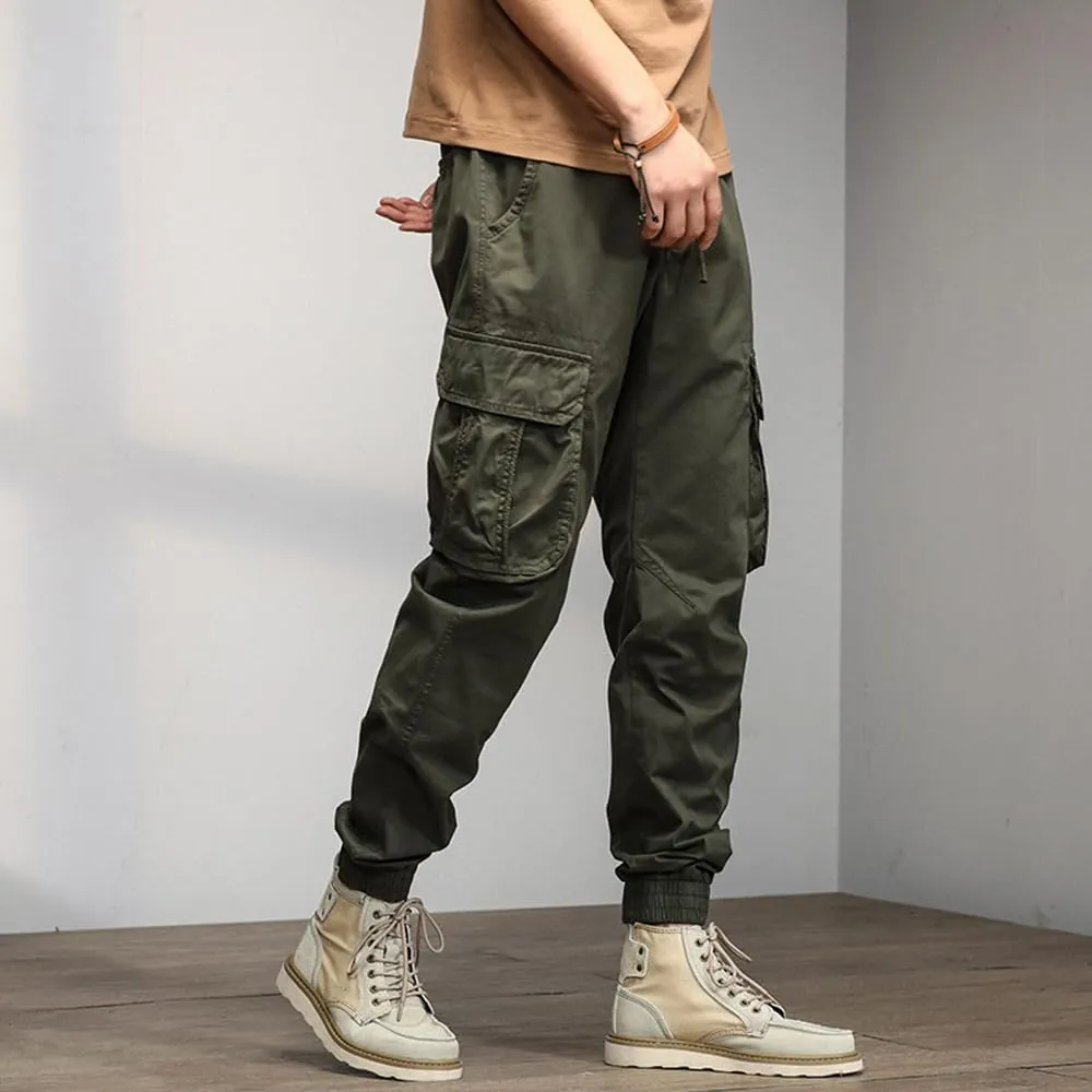 Men's Military Cargo Pants Drawstring Cotton Multi Pockets Regular Fit Work Pants
