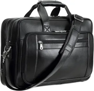 Men's Solid Thick Full Grain Leather 17.3" Laptop Briefcase Classic Messenger Bag Fit Business Travel