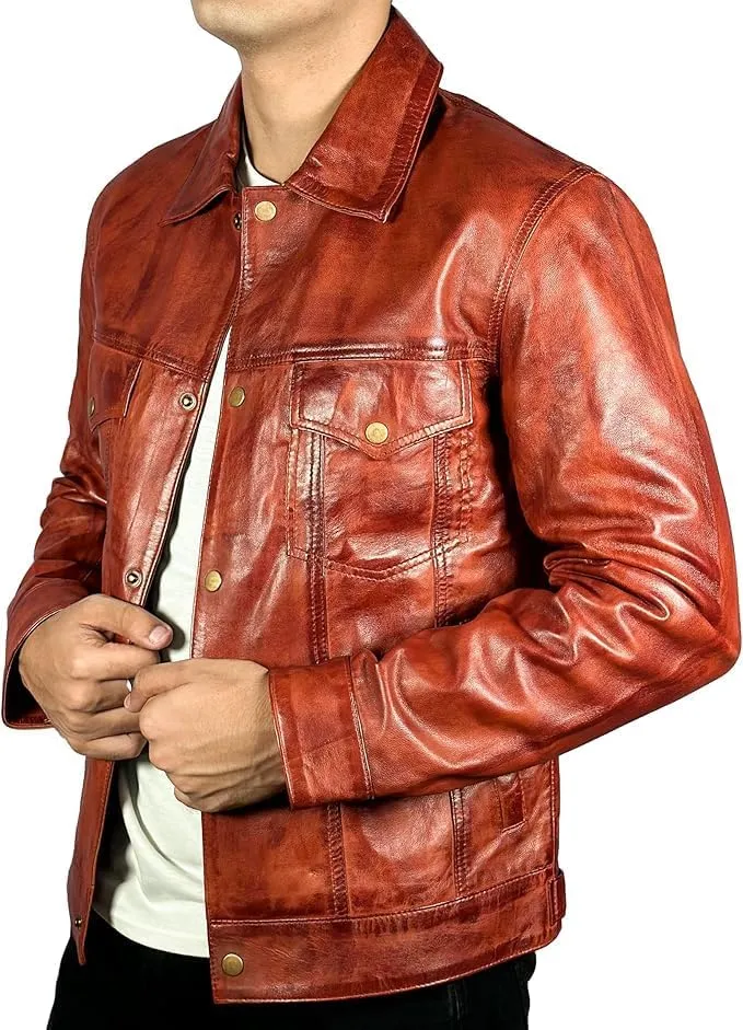 Men’s Vintage Lambskin Leather Trucker Classic Shirt Collar Style Motorcycle Cowboy Jacket