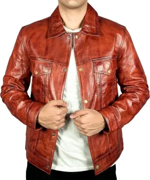 Men’s Vintage Lambskin Leather Trucker Classic Shirt Collar Style Motorcycle Cowboy Jacket
