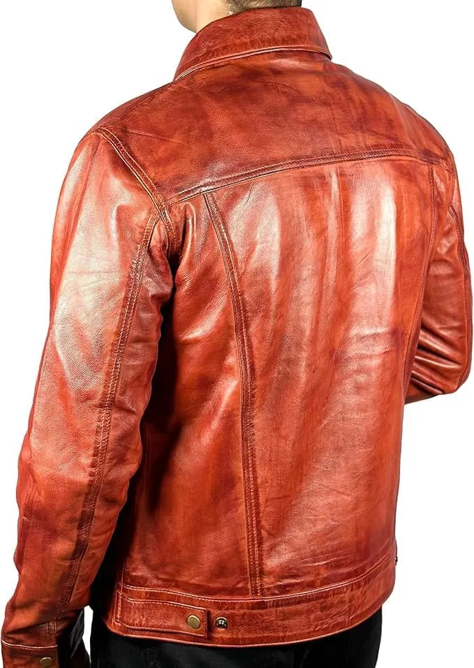 Men’s Vintage Lambskin Leather Trucker Classic Shirt Collar Style Motorcycle Cowboy Jacket