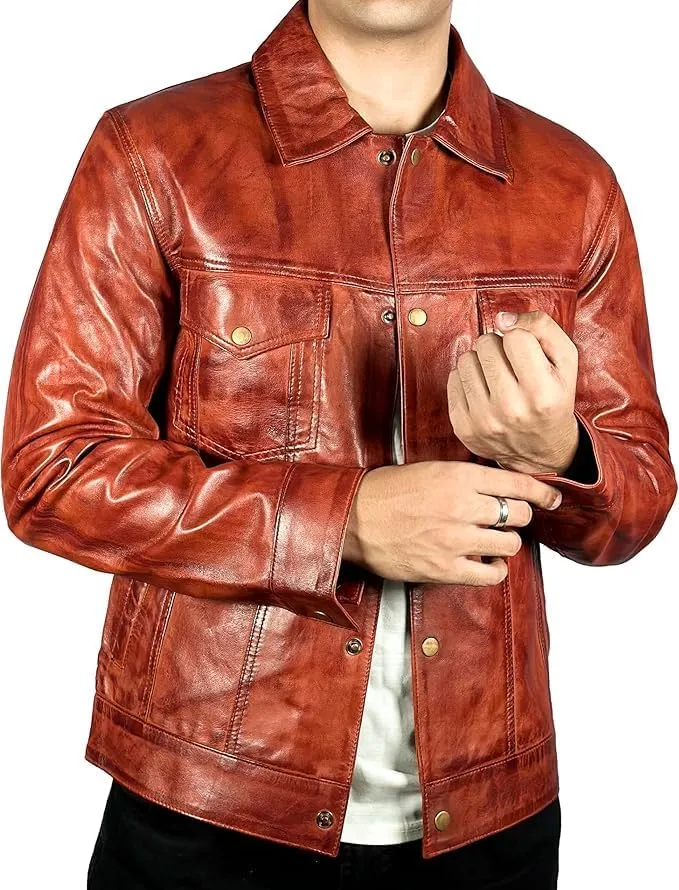 Men’s Vintage Lambskin Leather Trucker Classic Shirt Collar Style Motorcycle Cowboy Jacket