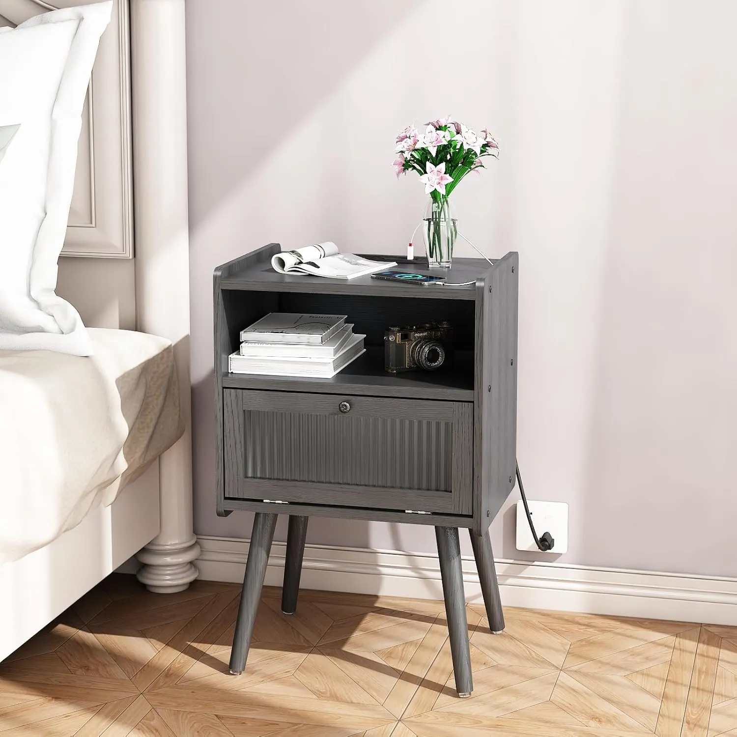 Mid Century Modern Nightstand with Charging Station, Bedside Tables with Glass Door, End Table Side Table with 2 Tiers Storage Space, for Bedroom, Living Room, Dark Grey