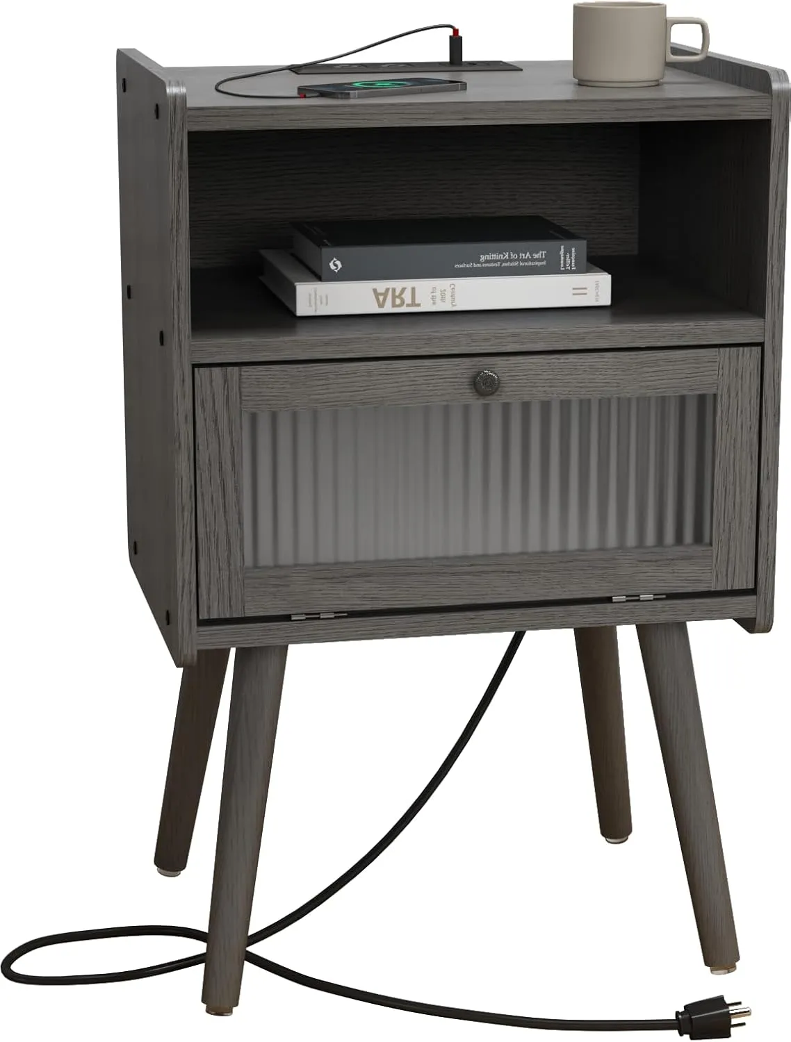 Mid Century Modern Nightstand with Charging Station, Bedside Tables with Glass Door, End Table Side Table with 2 Tiers Storage Space, for Bedroom, Living Room, Dark Grey
