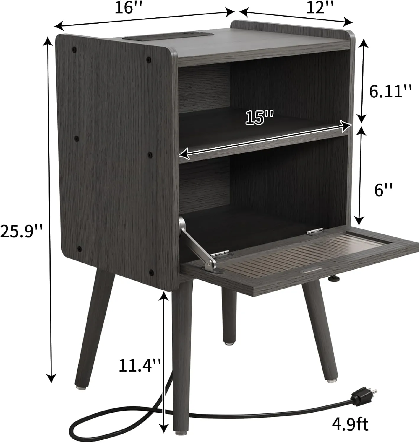 Mid Century Modern Nightstand with Charging Station, Bedside Tables with Glass Door, End Table Side Table with 2 Tiers Storage Space, for Bedroom, Living Room, Dark Grey