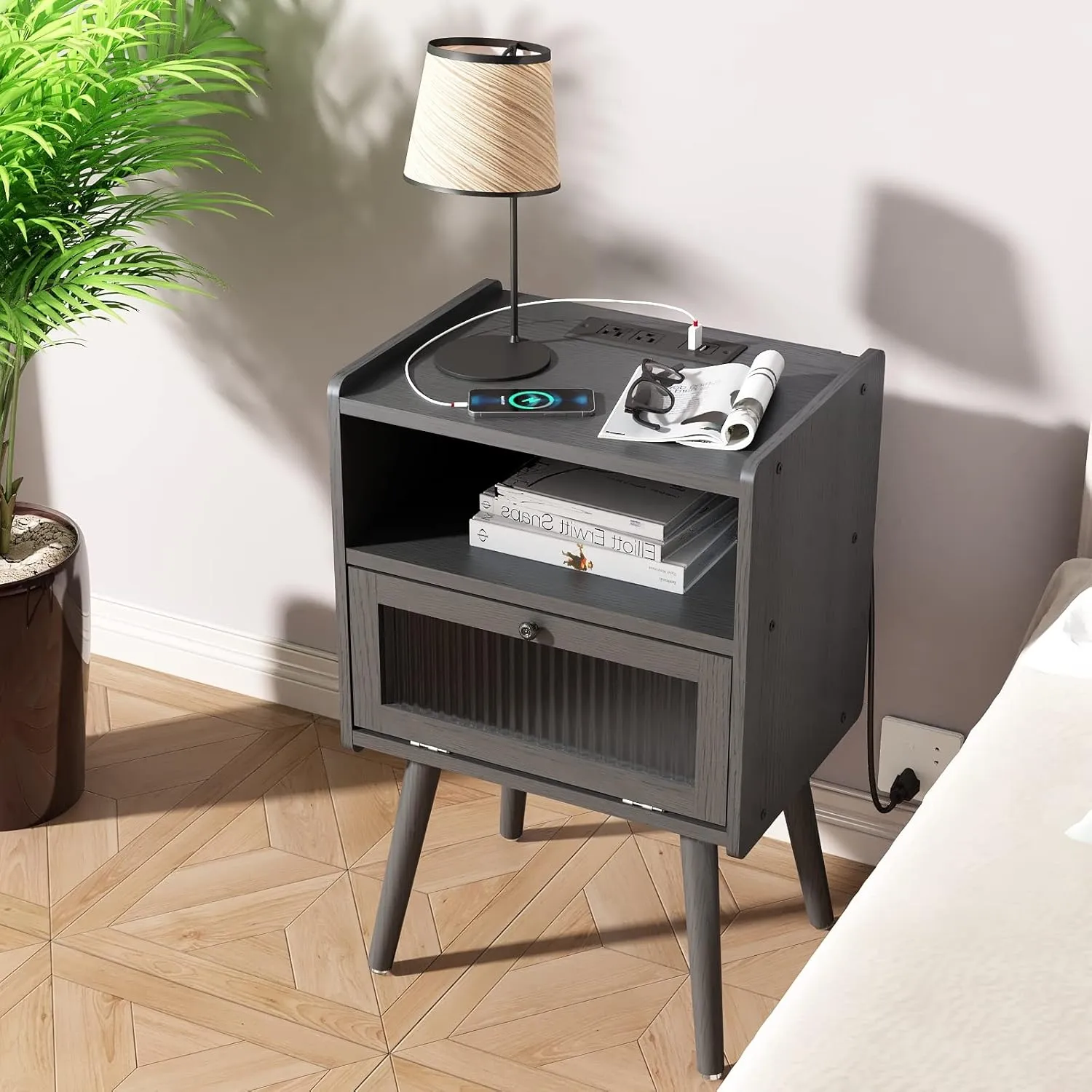 Mid Century Modern Nightstand with Charging Station, Bedside Tables with Glass Door, End Table Side Table with 2 Tiers Storage Space, for Bedroom, Living Room, Dark Grey