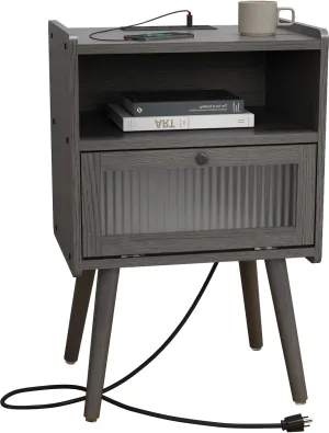 Mid Century Modern Nightstand with Charging Station, Bedside Tables with Glass Door, End Table Side Table with 2 Tiers Storage Space, for Bedroom, Living Room, Dark Grey