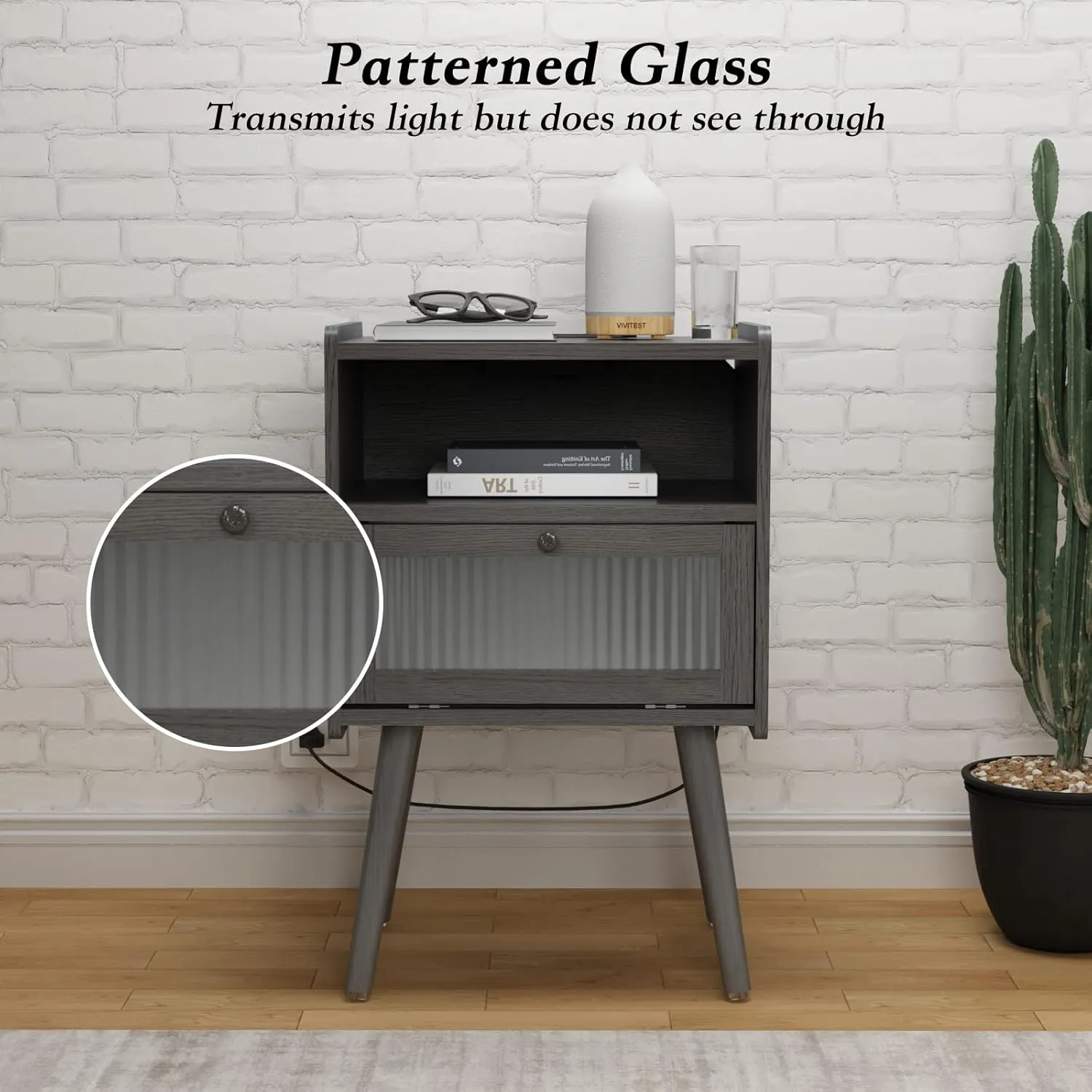 Mid Century Modern Nightstand with Charging Station, Bedside Tables with Glass Door, End Table Side Table with 2 Tiers Storage Space, for Bedroom, Living Room, Dark Grey