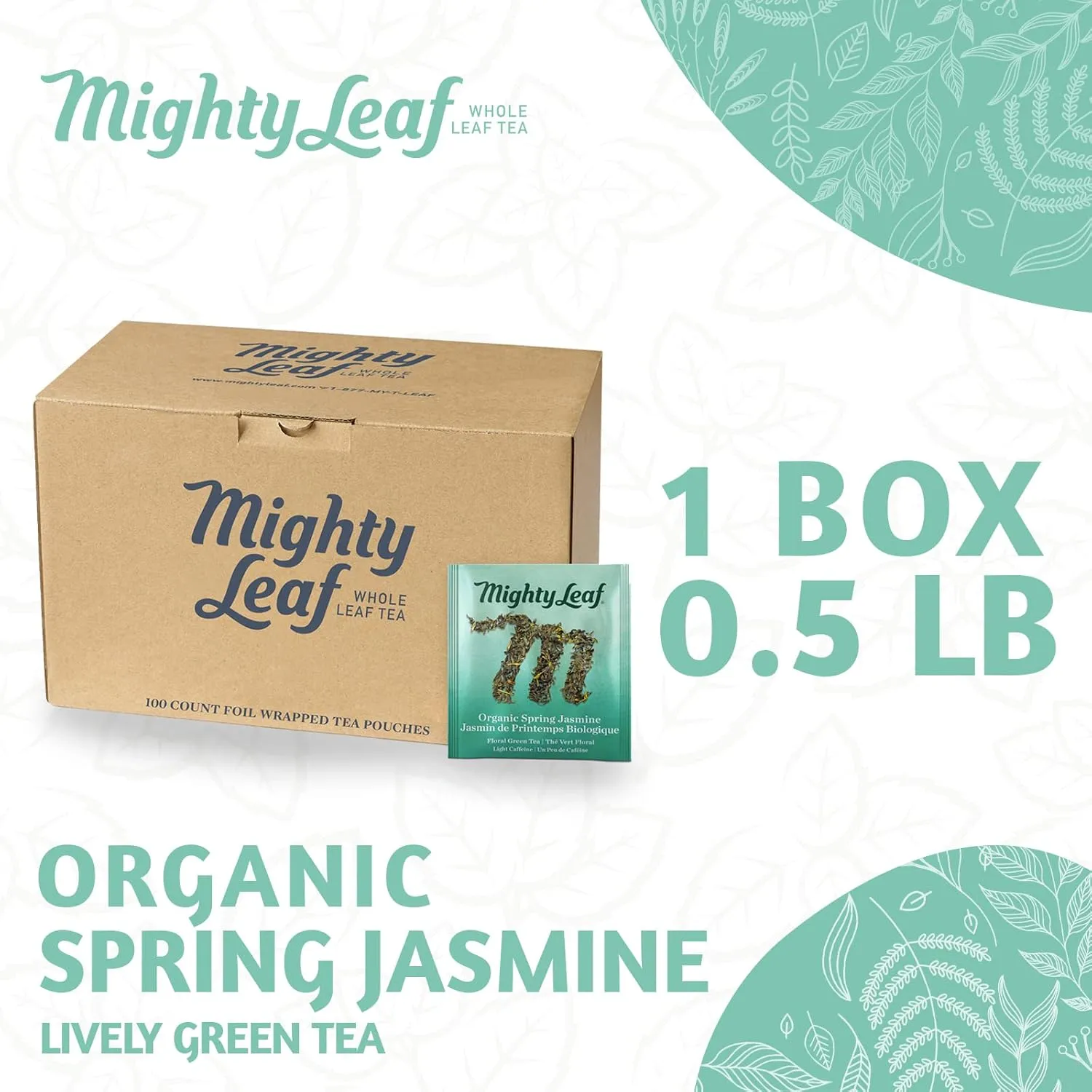 Mighty Leaf Organic Spring Jasmine Green Tea Bags, USDA Organic, Packed in Silk Bags, 100 Foil-Wrapped Pouches
