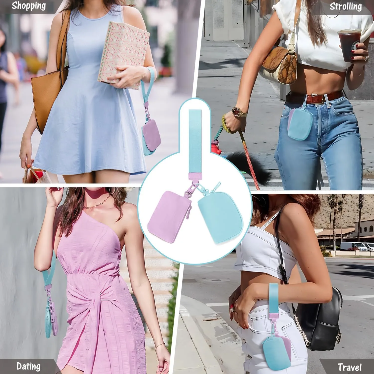 Mini Zip Around Keychain Wristlet Wallets Small Portable Dual Pounch Wristlet Detachable Coin Purse Pocket Gifts for Women Travel Sports Outdoors (Lavender Icing Blue)