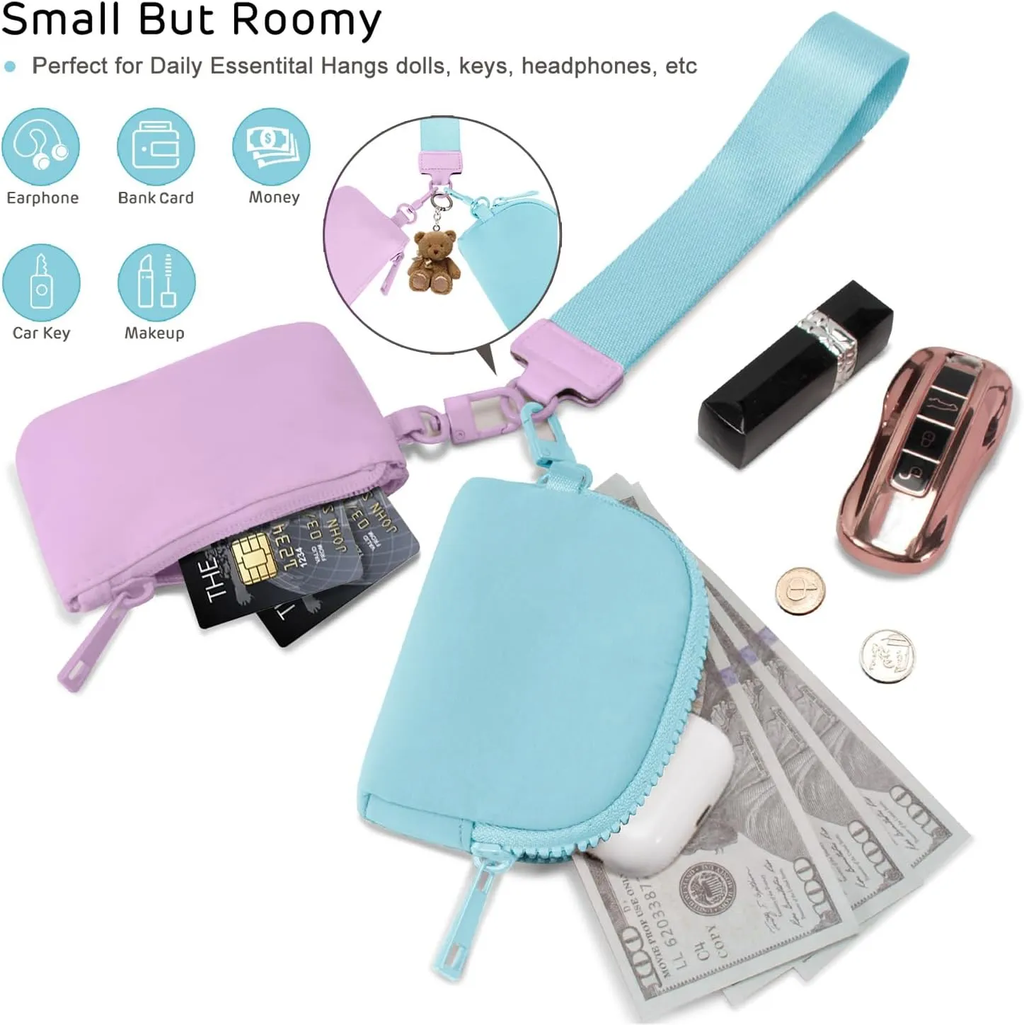 Mini Zip Around Keychain Wristlet Wallets Small Portable Dual Pounch Wristlet Detachable Coin Purse Pocket Gifts for Women Travel Sports Outdoors (Lavender Icing Blue)