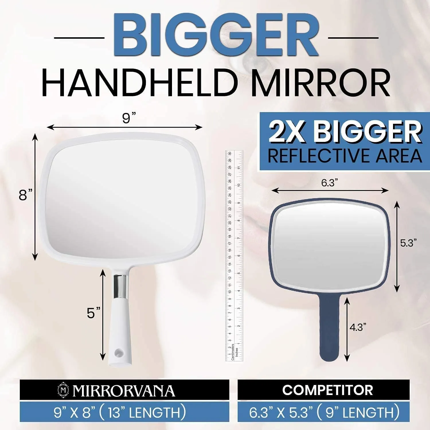 MIRRORVANA® Large Hand Held Mirror with Comfy Handle for Women and Men - Personal Barber Haircut Mirror to See Back of Head - Espejo de Mano - 9" x 13" (White)
