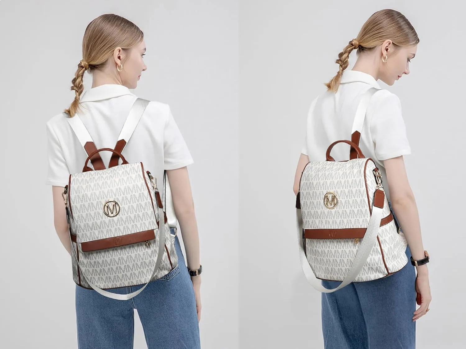 MKP Women Fashion Backpack Purse Multi Pockets Signature Anti-Theft Rucksack Travel Ladies Shoulder Bag Handbag 2Pcs