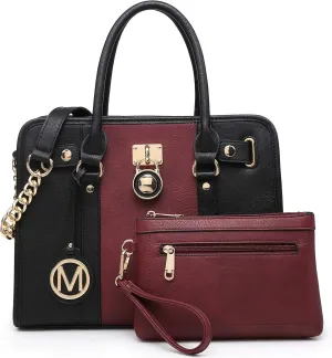 MKP Women Satchel Handbags Purses Two tone Top Handle Tote Shoulder Bags with Matching Wristlet Wallet Set 2pcs