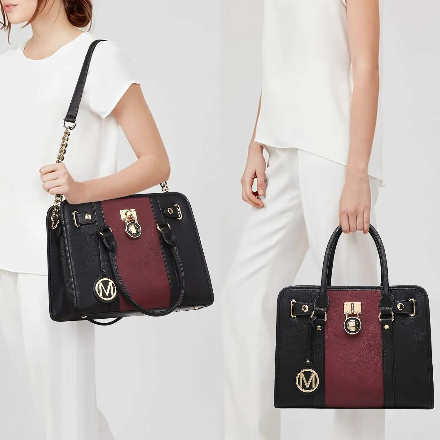 MKP Women Satchel Handbags Purses Two tone Top Handle Tote Shoulder Bags with Matching Wristlet Wallet Set 2pcs