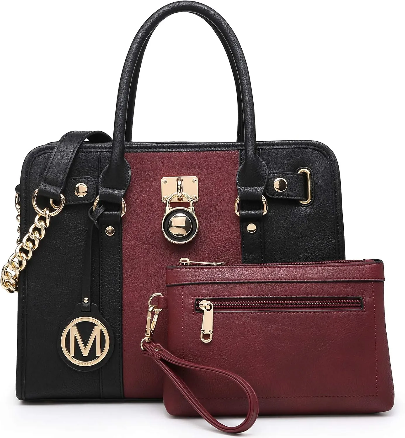 MKP Women Satchel Handbags Purses Two tone Top Handle Tote Shoulder Bags with Matching Wristlet Wallet Set 2pcs