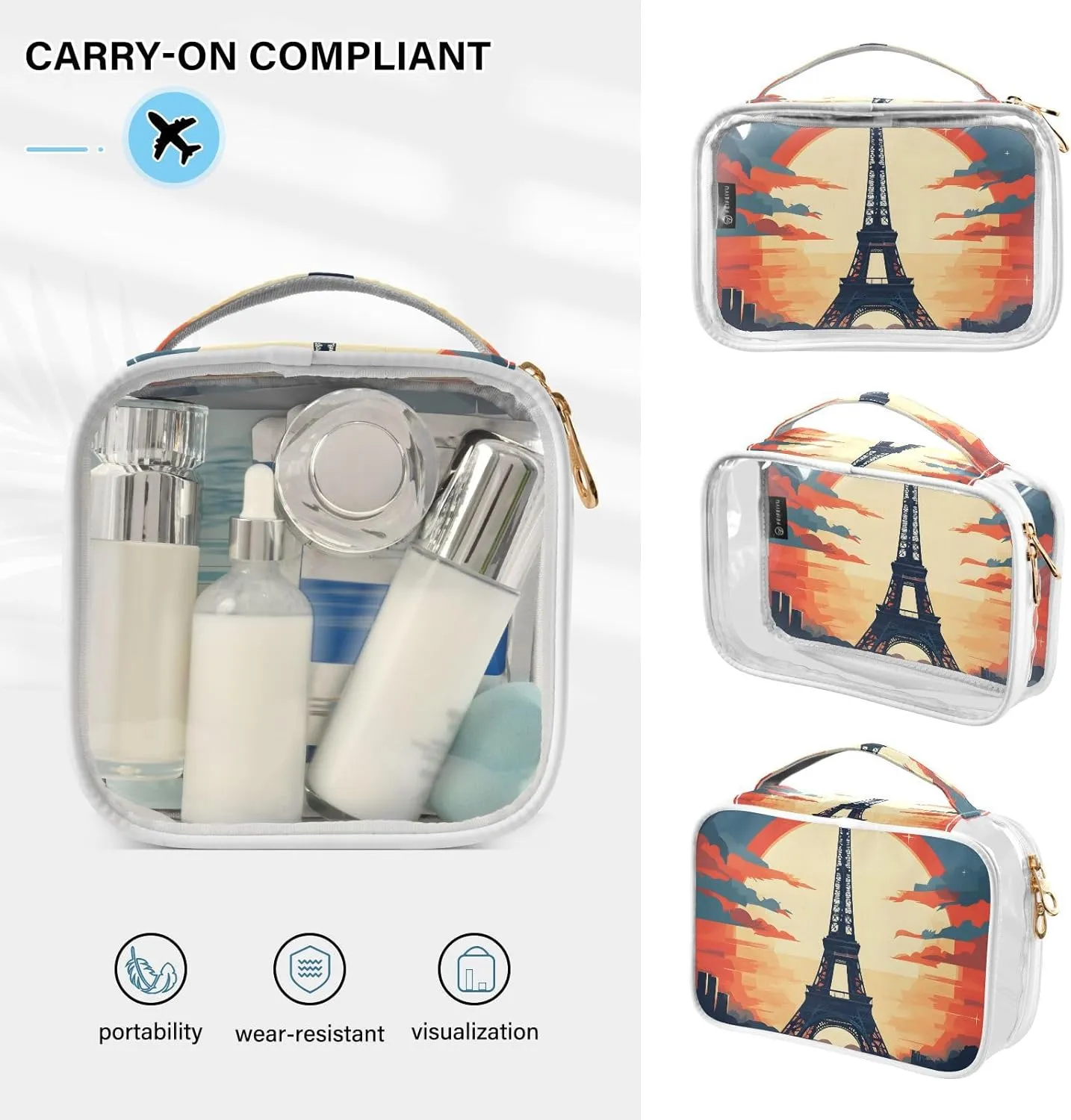 MNSRUU Clear Makeup Bags Eiffel Tower Toiletry Bag for Women 2 PCS Waterproof Clear Bags Clear Travel Toiletry Bag Small Cosmetic Makeup Bag, Carry on Airport Airline Compliant Bag