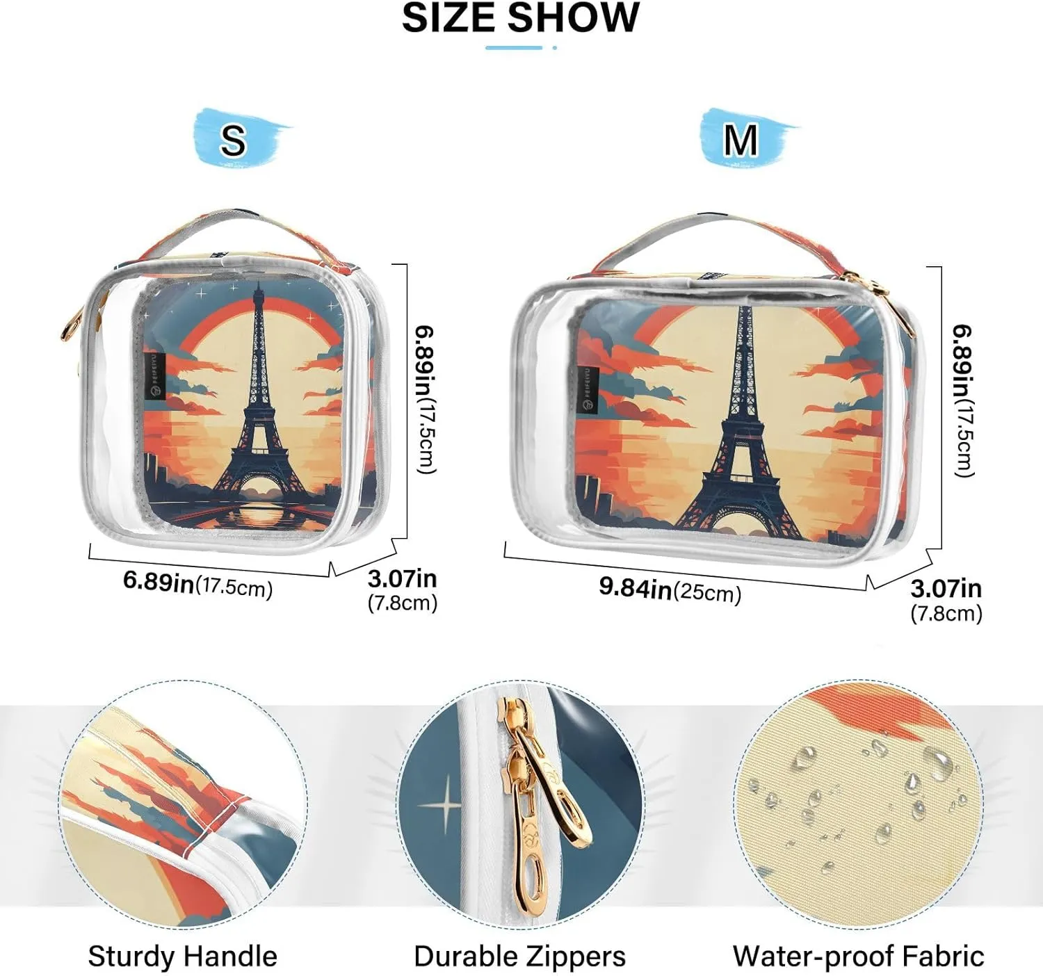 MNSRUU Clear Makeup Bags Eiffel Tower Toiletry Bag for Women 2 PCS Waterproof Clear Bags Clear Travel Toiletry Bag Small Cosmetic Makeup Bag, Carry on Airport Airline Compliant Bag