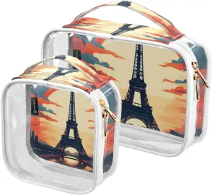 MNSRUU Clear Makeup Bags Eiffel Tower Toiletry Bag for Women 2 PCS Waterproof Clear Bags Clear Travel Toiletry Bag Small Cosmetic Makeup Bag, Carry on Airport Airline Compliant Bag