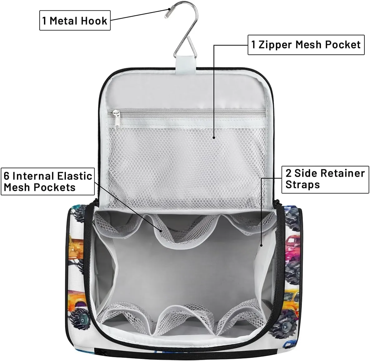 Monster Trucks Travel Toiletry Bag for Women Large Capacity Wide-open Makeup Organizer Cosmetic Travel Bags for Toiletries