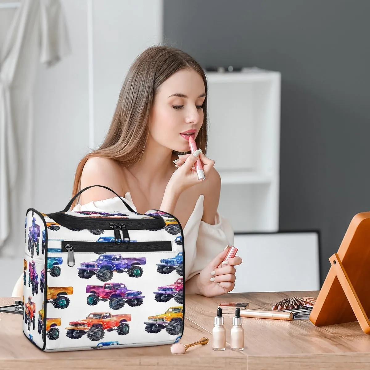 Monster Trucks Travel Toiletry Bag for Women Large Capacity Wide-open Makeup Organizer Cosmetic Travel Bags for Toiletries